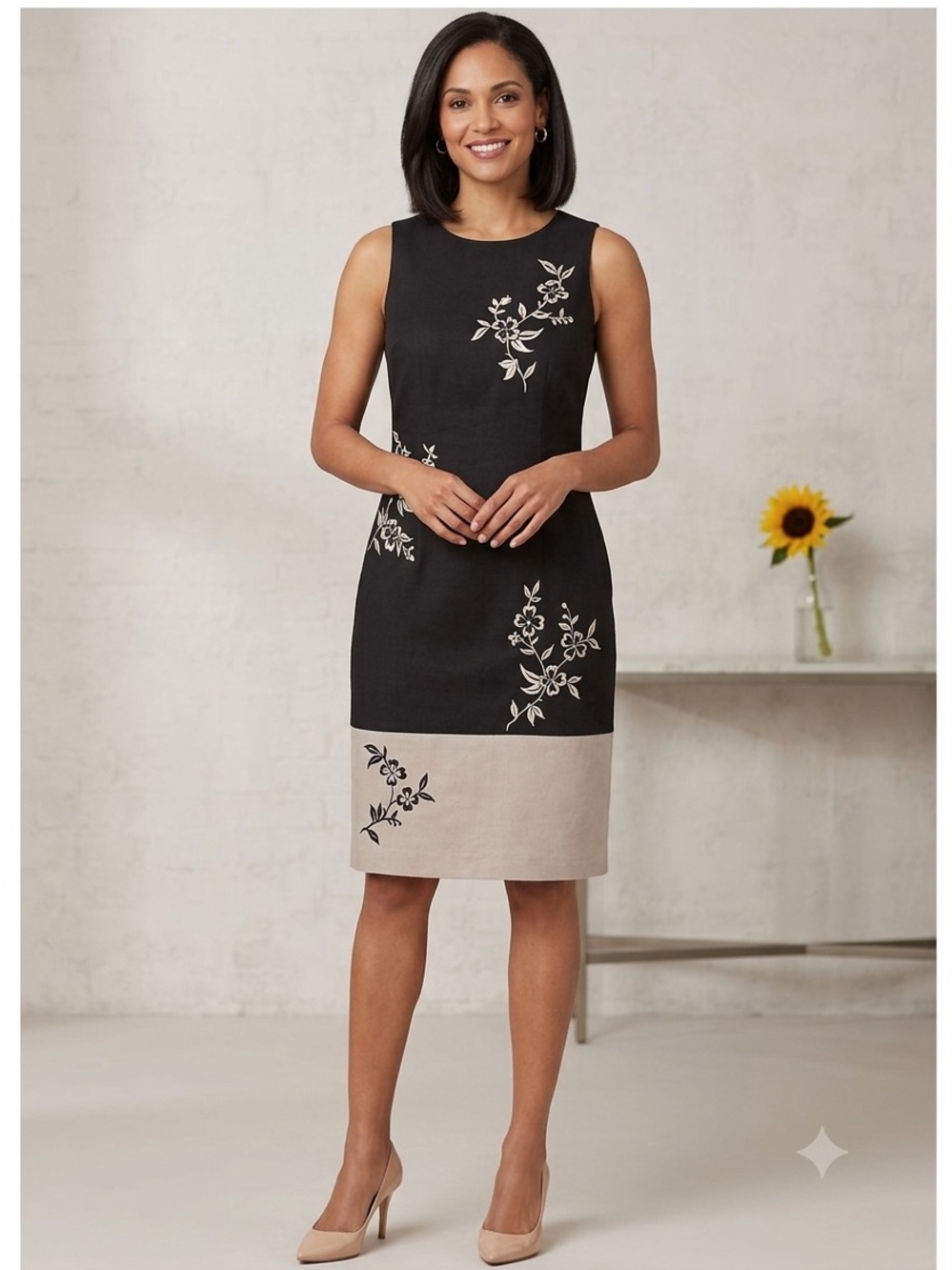 Maggy London Floral Embroidered Colorblock Sheath Dress Size 14 - Picture 2 of 10
